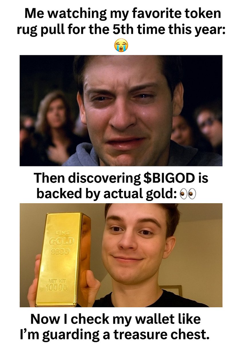 From rug pulls to real gold..

If your wallet’s been through emotional damage this year, maybe it’s time to try a token that’s actually backed by something solid.

$BIGOD = 250g of 24K gold per token.

Not just shiny — it’s secure. 

#BIGOD #GoldBacked 

<a href="/BiGODToken/">BIGOD</a>