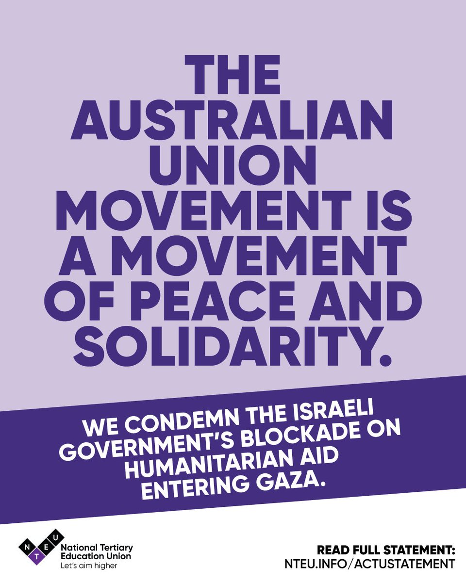 NTEU (@nteunion) on Twitter photo NTEU supports the Australian Council of Trade Unions call for an end to the occupation of Palestine and a just and sustainable peace.
Read the full statement here: nteu.info/actustatement
<a href="/unionsaustralia/">Australian Unions</a> NTEU supports the Australian Council of Trade Unions call for an end to the occupation of Palestine and a just and sustainable peace.
Read the full statement here: nteu.info/actustatement
<a href="/unionsaustralia/">Australian Unions</a>
