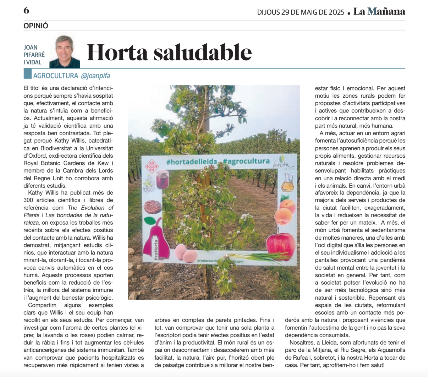 Que l'Horta és un espai saludable no és cap misteri, però si voleu més arguments us convido a llegir la columna d'opinió #agrocultura de <a href="/LaManyanacat/">La Mañana</a> 
Enllaç directe a l'article: lamanyana.cat/horta-saludabl…