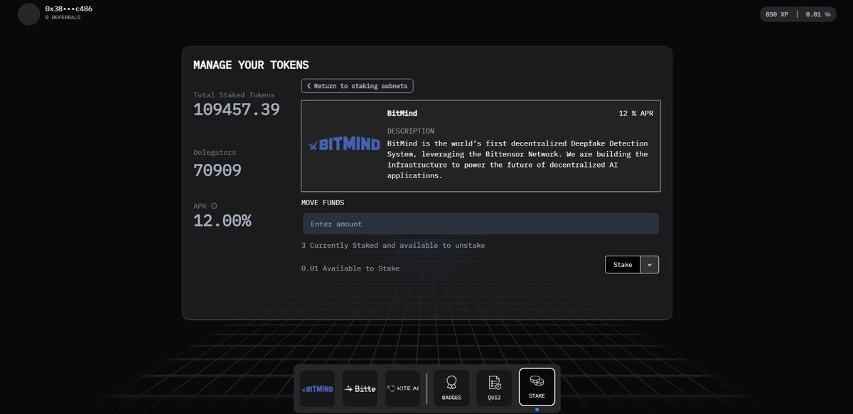 🚀 Just explored the Ozone Testnet and it's 🔥
Slick UI, seamless staking, and true innovation in decentralized AI with projects like BitMind.
Massive shoutout to <a href="/GoKiteAI/">KITE AI</a>  for making testnet exploration fun, fast, and rewarding!
#Web3 #Blockchain #AI #OzoneTestnet #KiteAI