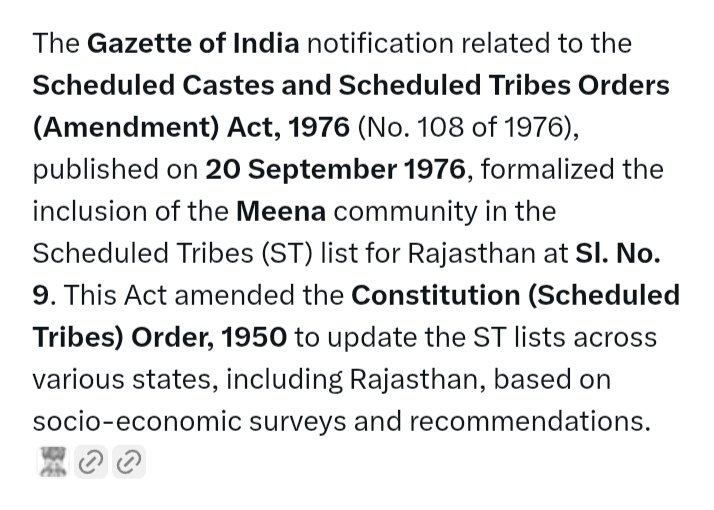 क्या आप जानते हैं-
-ST की पहली लिस्ट 6 Sep 1950 को बनी थी! लेकिन इसमें सिर्फ़ भील जनजाति को आरक्षण मिला था, मीणा को नहीं!

-20 Sep 1976 को मीणा को ST लिस्ट में शामिल किया गया (इमरजेंसी के दौरान)!
और यह कार्य तत्कालीन सांसद कैप्टन छुट्टनलाल मीणा ने इंदिरा गांधी के सहयोग से करवाया!