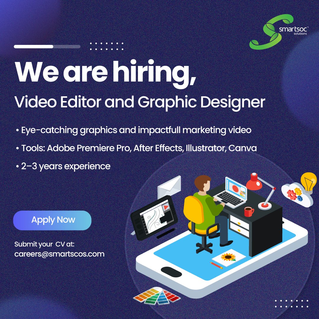 SmartSoC Solutions (@smartsocs) on Twitter photo ๐ฌ Weโre Hiring in Bangalore!
๐จ Video Editor & Graphic Designer
๐ 2โ3 yrs exp | Adobe Suite + Canva
๐ฉ Apply: careers@smartsocs.com
Bring your creativity to life with us!
#Hiring #BangaloreJobs #DesignJobs #VideoEditor #GraphicDesigner #SmartSoC ๐ฌ Weโre Hiring in Bangalore!
๐จ Video Editor & Graphic Designer
๐ 2โ3 yrs exp | Adobe Suite + Canva
๐ฉ Apply: careers@smartsocs.com
Bring your creativity to life with us!
#Hiring #BangaloreJobs #DesignJobs #VideoEditor #GraphicDesigner #SmartSoC