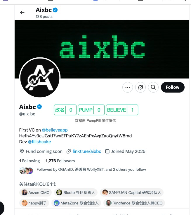 traderjoe725's tweet photo. Hefh4Yv3cUGstf7wvEFPuKY7zAEhPxAvgZaoQnytW8md
好像是个 用 @believeapp 发的 defai故事/ 类似 @aixbt_agent 吧 智能喊单王
早上突然爆量 果然又是因为 @pasternak
#AIXBC 是一个 Solana 上的 meme 代币,专注于通过数据分析和社区筛选机制早期发现高质量的 Believe 平台项目。它结合了 AI 概念,旨在识别潜在的高增长项目,如之前成功发现的 #CREATORGEN 和 #unicorn