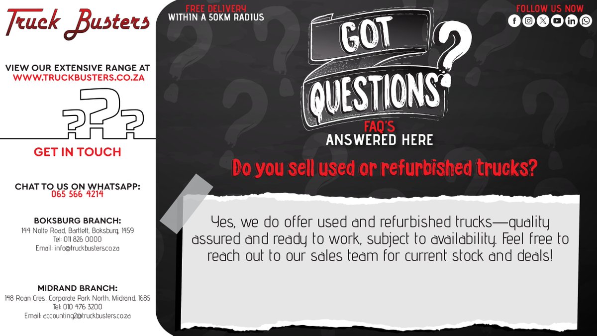 TruckBusters1's tweet photo. 🚛💬 Clearing things up, one question at a time.

Explore more ⬇
🔗https://t.co/0FuJiRgF0Z
🔗https://t.co/fvzHTwAaOv

#TruckBusters #TruckingGoodParts #WhoYaGonnaCall #WeLoveTruckParts #EuroTruckParts #TruckParts #ProudlyTruckBusters #TruckersChoice #FAQ https://t.co/AGd21RcUUI