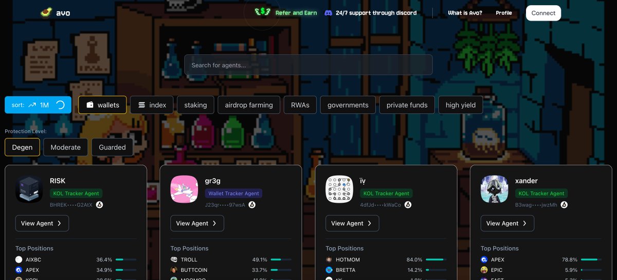 Bullish on $avo. 

<a href="/avodotso/">Avo on Solana</a> is a platform where Trading Agent devs can list their agents for users to use. 

There are some agents available on the platform already, and have pretty good PnL %. 

They launched their token on accident, which is actually the best thing that could