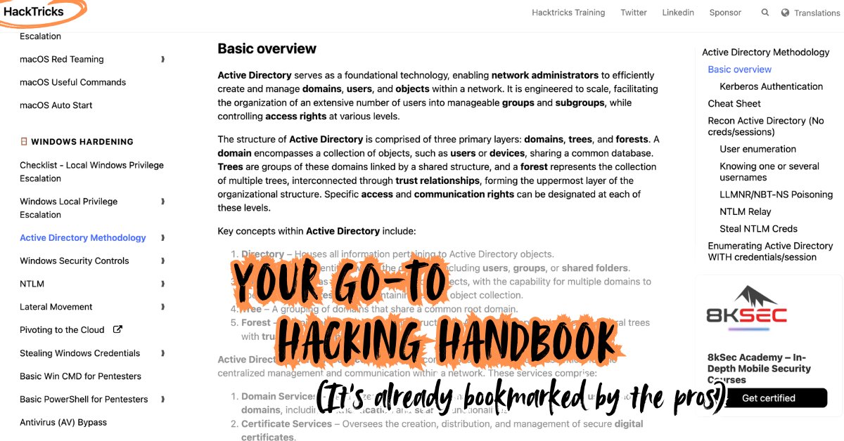 HackTricks = zero fluff, all muscle! Step-by-step guides that just work. Absolutely love the Cloud Security and AD Methodology sections for those difficult to remember payloads during customer engagements. If you haven’t bookmarked it yet… you’re definitely missing out 👇