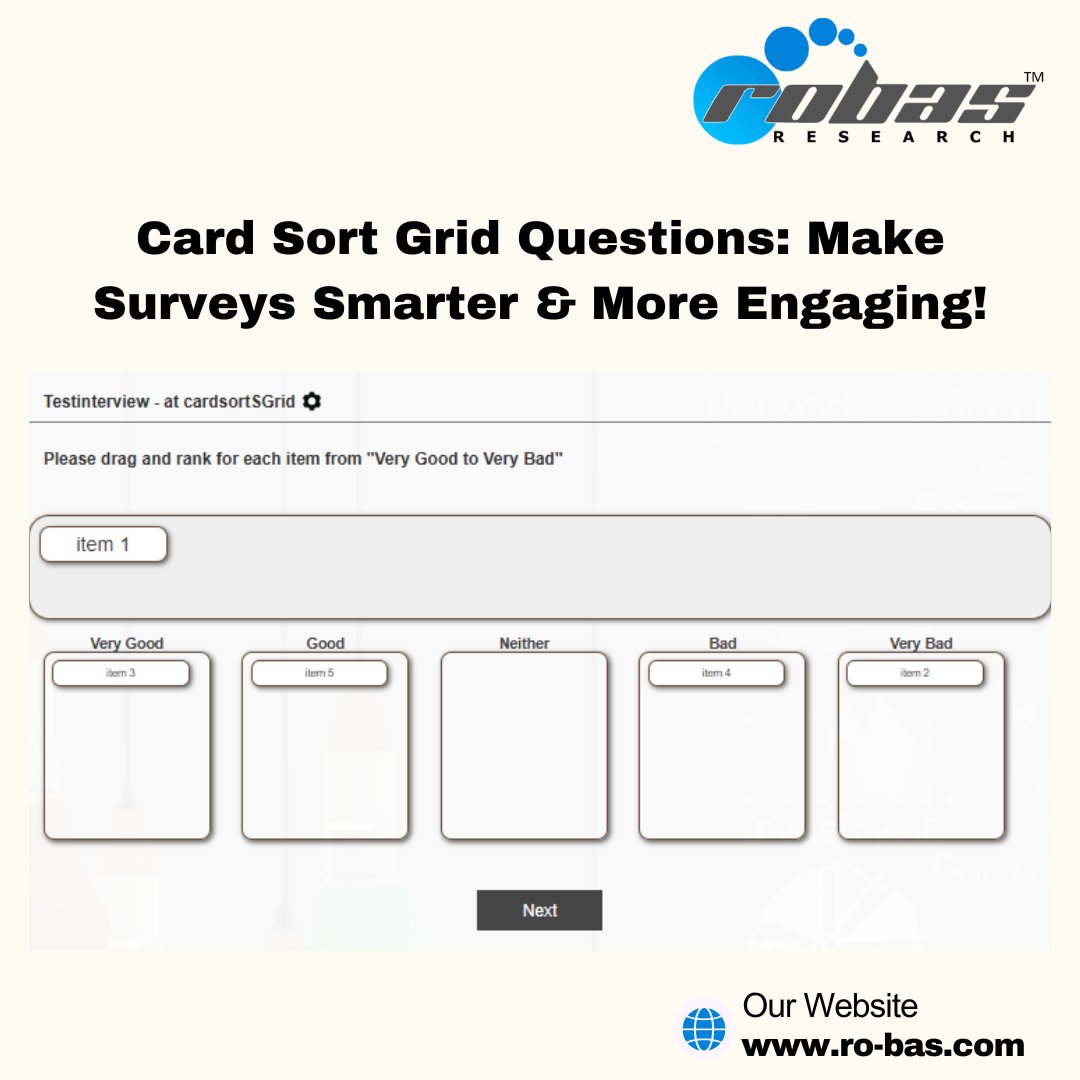 RobasResearch's tweet image. 🃏 Card Sort Grid Questions: Make Surveys Smarter &amp;amp; More Engaging! 📊💡  

robas.dubinterviewer.com/scripts/dubint… 
 
To know more, reach us at rfq@ro-bas.com or visit us at ro-bas.com.

#SurveyProgramming #CardSortGrid #InteractiveSurveys #MarketResearchTools #UXResearch