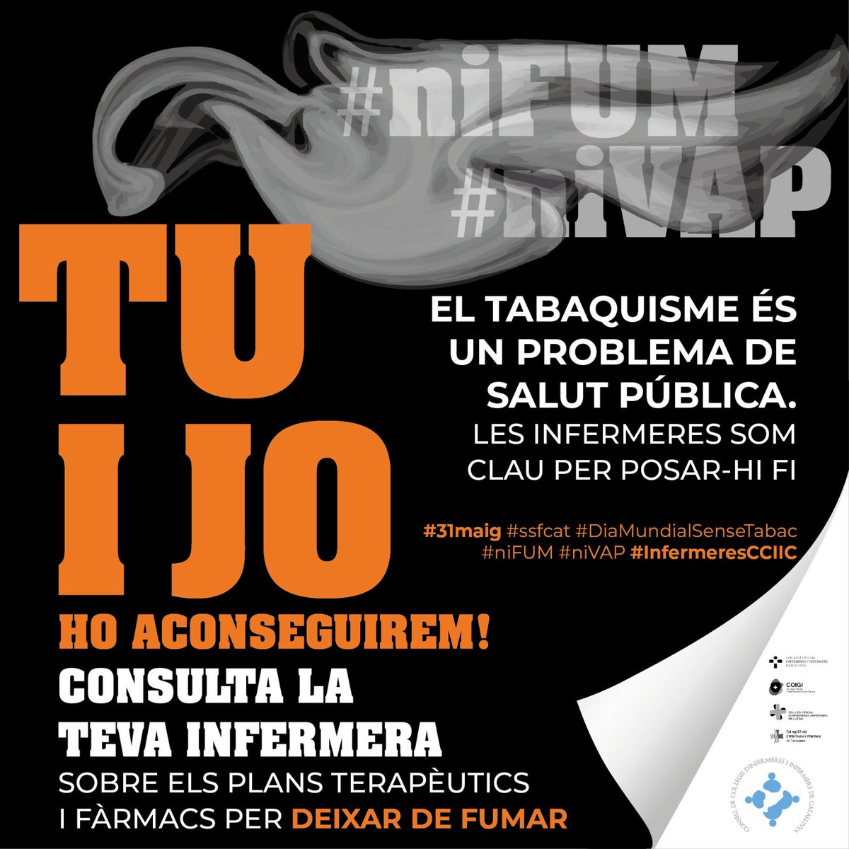 Consell d’Infermeres (@infermerescat) on Twitter photo El tabac és un problema de salut pública. Les infermeres som clau per posar-hi fi.
#31maig #ssfcat #DiaMundialSenseTabac #niFUM #niVAP #InfermeresCCIIC
<a href="/COIBarcelona/">Col·legi d'Infermeres i Infermers de BCN (COIB)</a> <a href="/COIGIrona/">Col·legi Oficial d'Infermeres/ers de Girona</a> <a href="/InfLleidaCOILL/">InfermeresLleidaCOILL</a> <a href="/codita_tgn/">Codita Tarragona</a> <a href="/XarxaCHsF/">Xarxa Catalana d'Hospitals sense Fum</a> <a href="/SumaSalutASPCAT/">SumaSalut</a> <a href="/TobControlUnit/">Tobacco Control Unit (ICO-IDIBELL)</a> El tabac és un problema de salut pública. Les infermeres som clau per posar-hi fi.
#31maig #ssfcat #DiaMundialSenseTabac #niFUM #niVAP #InfermeresCCIIC
<a href="/COIBarcelona/">Col·legi d'Infermeres i Infermers de BCN (COIB)</a> <a href="/COIGIrona/">Col·legi Oficial d'Infermeres/ers de Girona</a> <a href="/InfLleidaCOILL/">InfermeresLleidaCOILL</a> <a href="/codita_tgn/">Codita Tarragona</a> <a href="/XarxaCHsF/">Xarxa Catalana d'Hospitals sense Fum</a> <a href="/SumaSalutASPCAT/">SumaSalut</a> <a href="/TobControlUnit/">Tobacco Control Unit (ICO-IDIBELL)</a>