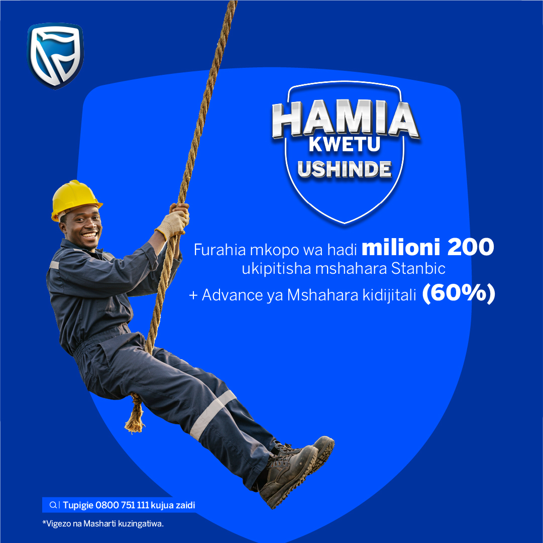Na wewe unaweza kuwa mshindi kwa kubadilisha mshahara wako tu upitie Stanbic Bank, na uwe na nafasi ya kushinda hadi Tsh 500,000 kila siku!

Piga simu 0800 751111 kwa maelezo zaidi.

Vigezo na Masharti kuzingatiwa

#HamiaKwetuUshinde