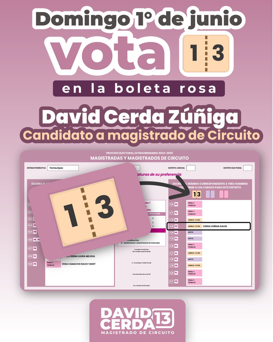 David_Cerda19's tweet photo. Sal a votar este domingo 1° de junio, las urnas estarán abiertas de 8:00 a.m. a 6:00 p.m.

Vota 13 en la boleta rosa por David Cerda Zúñiga. Como #MagistradoDeCircuito impartiré justicia cercana al pueblo y sin privilegios.

 #PoderJudicial #ReformaJudicial #Tamaulipas #Vota13 #BoletaRosa