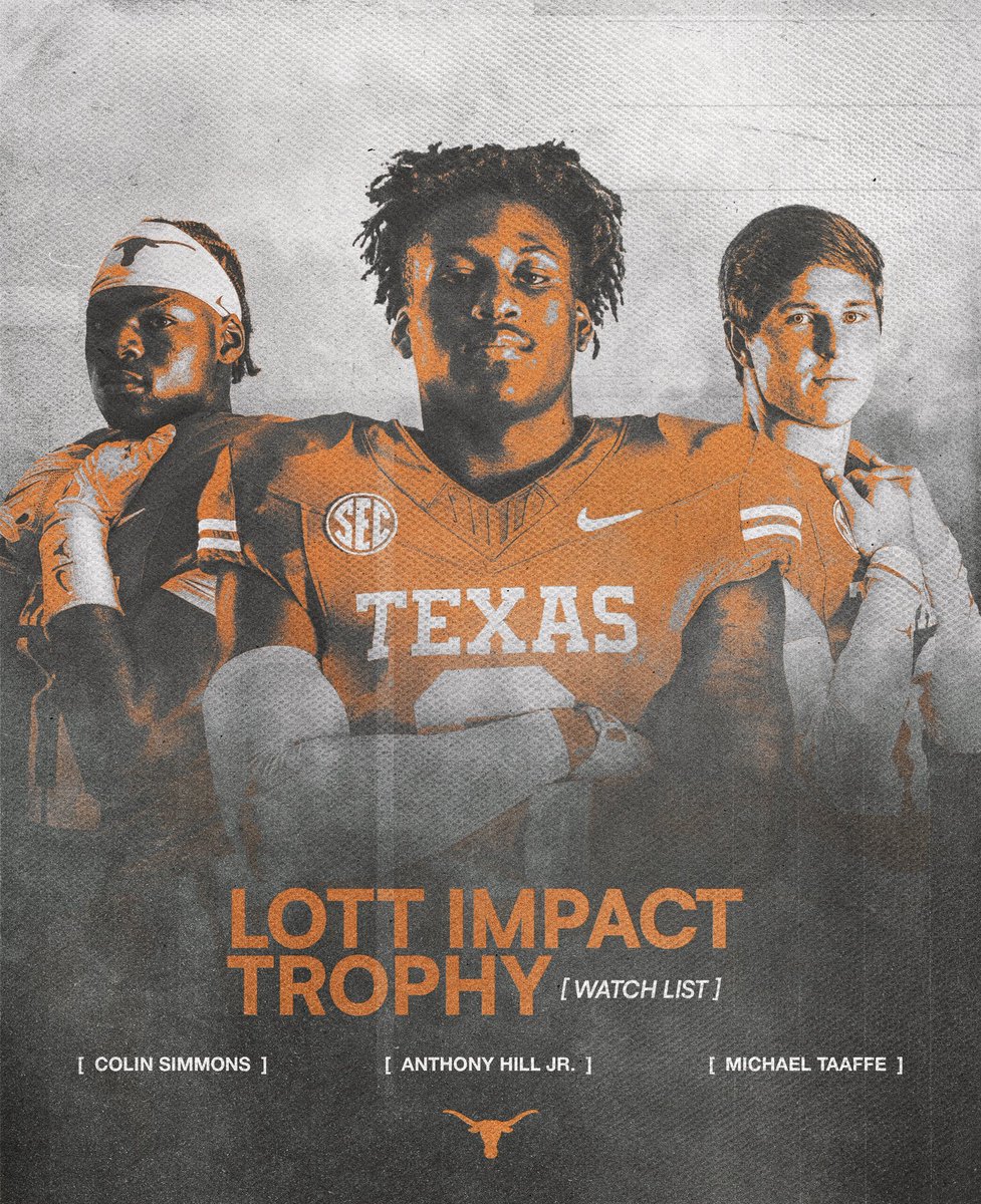 Texas Football (@texasfootball) on Twitter photo 3️⃣ Longhorns named to the Lott Impact Trophy watch list 🤘 <a href="/TheLottTrophy/">Lott IMPACT Trophy</a>
<a href="/thegoatanthony1/">Anthony Hill Jr</a>
<a href="/ColinSimmons__/">Colin Simmons ✍🏾 Call Me D1🚶🏾♂️</a>
<a href="/MichaelTaaffe4/">Michael Taaffe</a> 3️⃣ Longhorns named to the Lott Impact Trophy watch list 🤘 <a href="/TheLottTrophy/">Lott IMPACT Trophy</a>
<a href="/thegoatanthony1/">Anthony Hill Jr</a>
<a href="/ColinSimmons__/">Colin Simmons ✍🏾 Call Me D1🚶🏾♂️</a>
<a href="/MichaelTaaffe4/">Michael Taaffe</a>