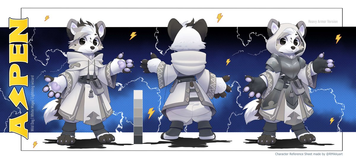 I've been sticking with this ref sheet format, it just feels like a good way to show character designs I think!

This one's a wild dog, White Mage / Lightning Wizard ⚡️

Outfit design for <a href="/whateverxequals/">whateverxequals</a> !