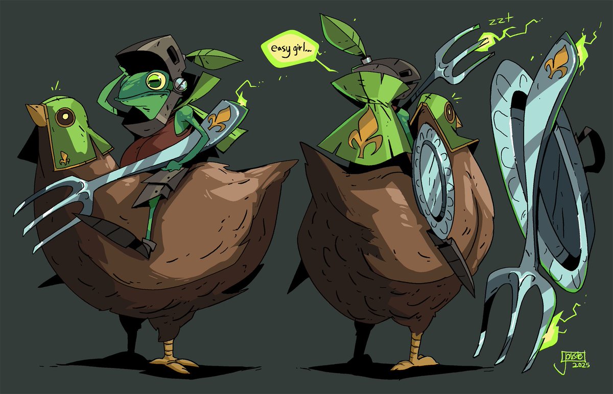 Frogheart the Giant Slayer!
This tableware wielding amphibian charges into battle on his trusty chicken! The fork gives a +4 against anything bigger than he is while the silver saucer can reflect light! As long as Frogheart only tackles the tall he has a definite edge! 
#0594