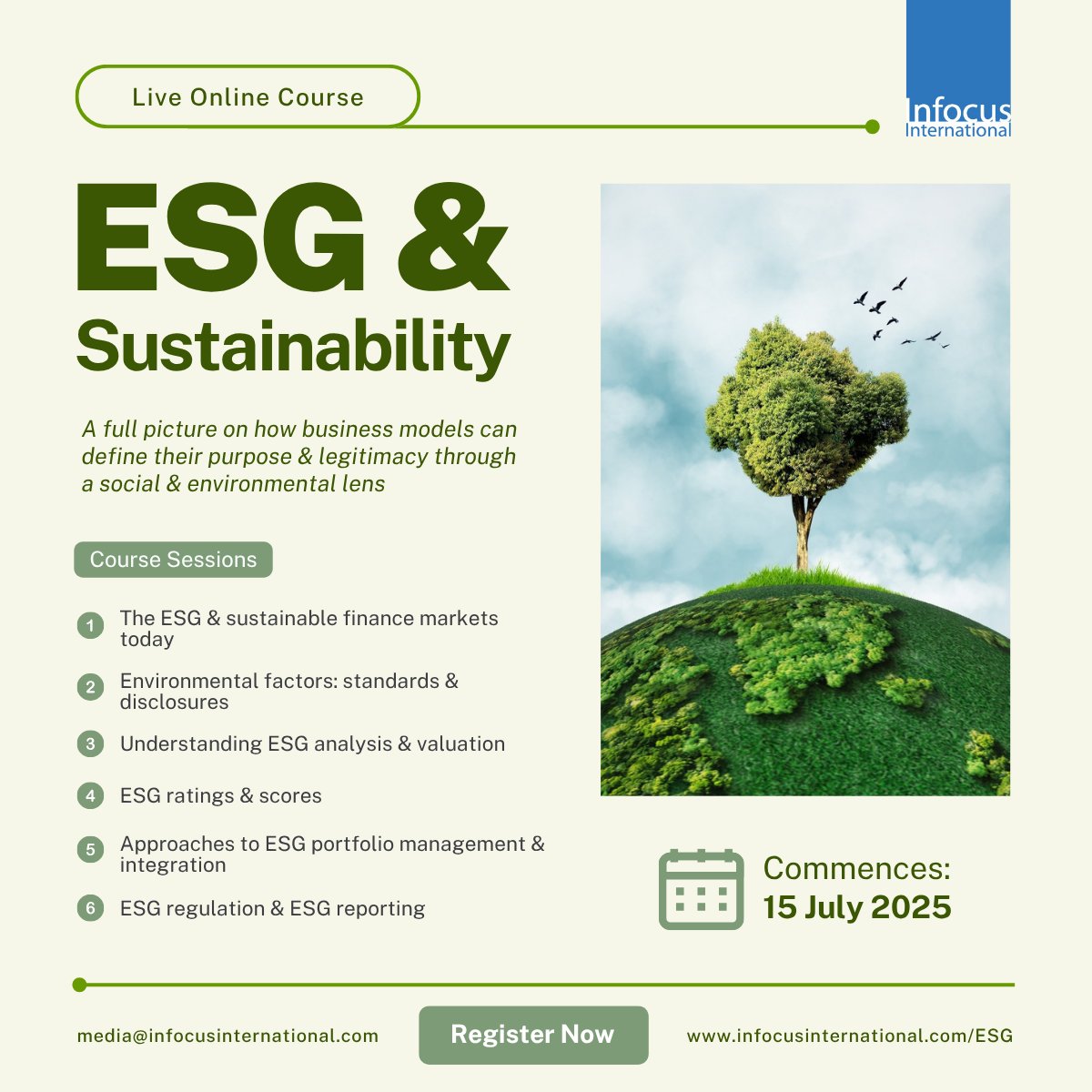infocusint's tweet photo. Final Call! Elevate your expertise with ESG &amp; Sustainability live online course, starting 15 July.
For More Info: https://t.co/1lFjLWTAq8

#infocusinternational #onlinecourse #ESG #Sustainability #SustainableFinance https://t.co/U9g5iEp0S0