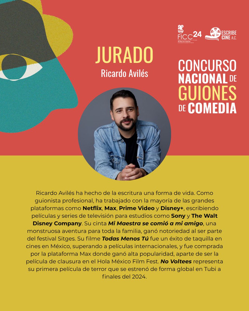 Fest. Int. Cine y Comedia, 24 Risas por Segundo (@24risasxseg) on Twitter photo Es un honor presentar a nuestro jurado,
Ricardo Avilés se suma al Concurso de Guiones de
Comedia.
¿Listxs para impresionar a este crack del guion?
Gracias <a href="/EscribeCine/">Escribe Cine</a> Es un honor presentar a nuestro jurado,
Ricardo Avilés se suma al Concurso de Guiones de
Comedia.
¿Listxs para impresionar a este crack del guion?
Gracias <a href="/EscribeCine/">Escribe Cine</a>