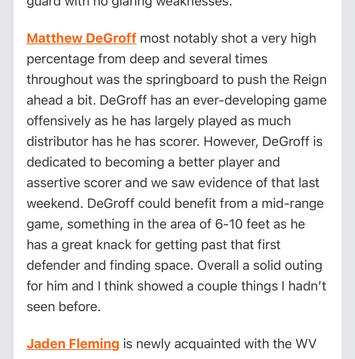 Matthew DeGroff (@matthew_degroff) on Twitter photo Thanks for the write up <a href="/scottwstrode/">Scott W. Strode</a>!
Always appreciate your feedback on both my game and recruiting.
<a href="/PrepHoops_WV/">PrepHoopsWV</a> <a href="/WvReignHoops/">BIG SHOTS West Virginia Reign Elite</a> Thanks for the write up <a href="/scottwstrode/">Scott W. Strode</a>!
Always appreciate your feedback on both my game and recruiting.
<a href="/PrepHoops_WV/">PrepHoopsWV</a> <a href="/WvReignHoops/">BIG SHOTS West Virginia Reign Elite</a>