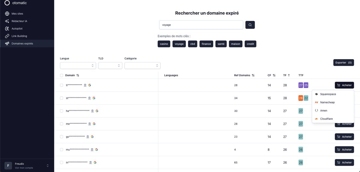 Update otomatic.ai
✅Optimisation du monitoring SEO pour vos redactions IA
✅ Optimisation de la recherche des domaines expirés

⏳A suivre : Optimisation de l'état d'indexation