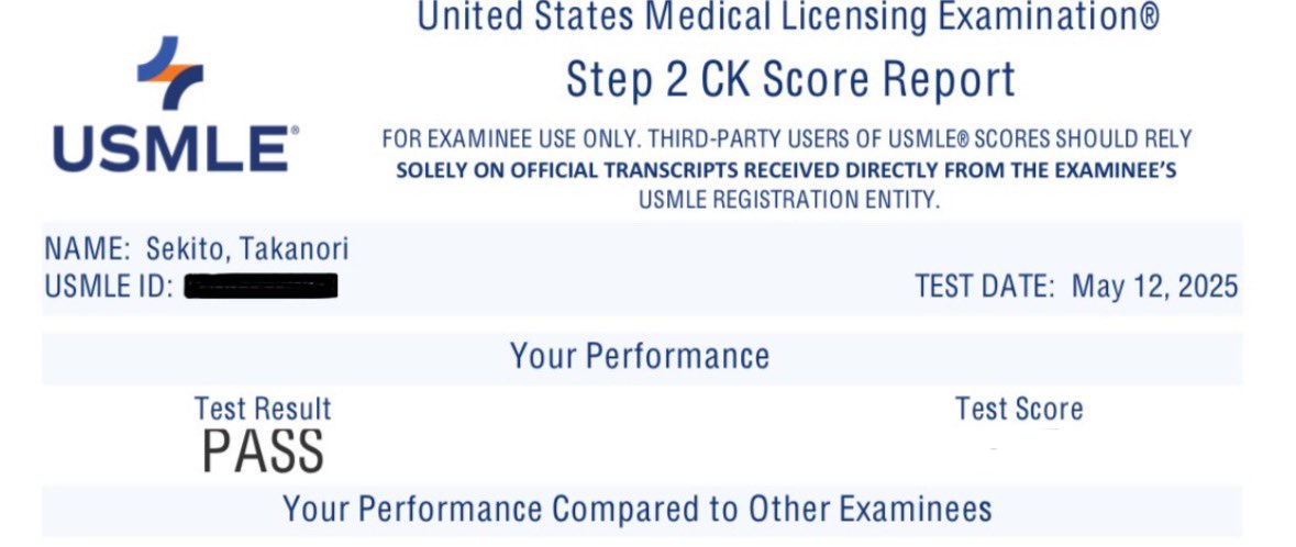Takanori_Sekito's tweet photo. USMLE step2CK pass✅
One more to go!
ようやく2CKパスできました😌
#USMLE #USMLEstep2 https://t.co/gcxcGIrw6q