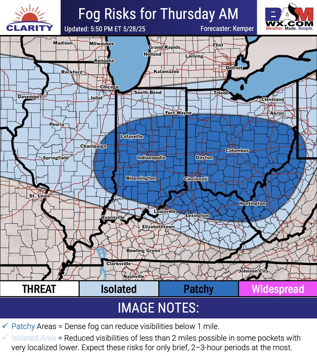 Be on ALERT 🚨

Patchy fog is in the forecast for many of us throughout the Ohio Valley tomorrow morning. Reduced visibilities off less than 1 mile will be likely for those located in the "Patchy" zone.

Early morning patchy fog raises hazardous concerns for the morning commute.