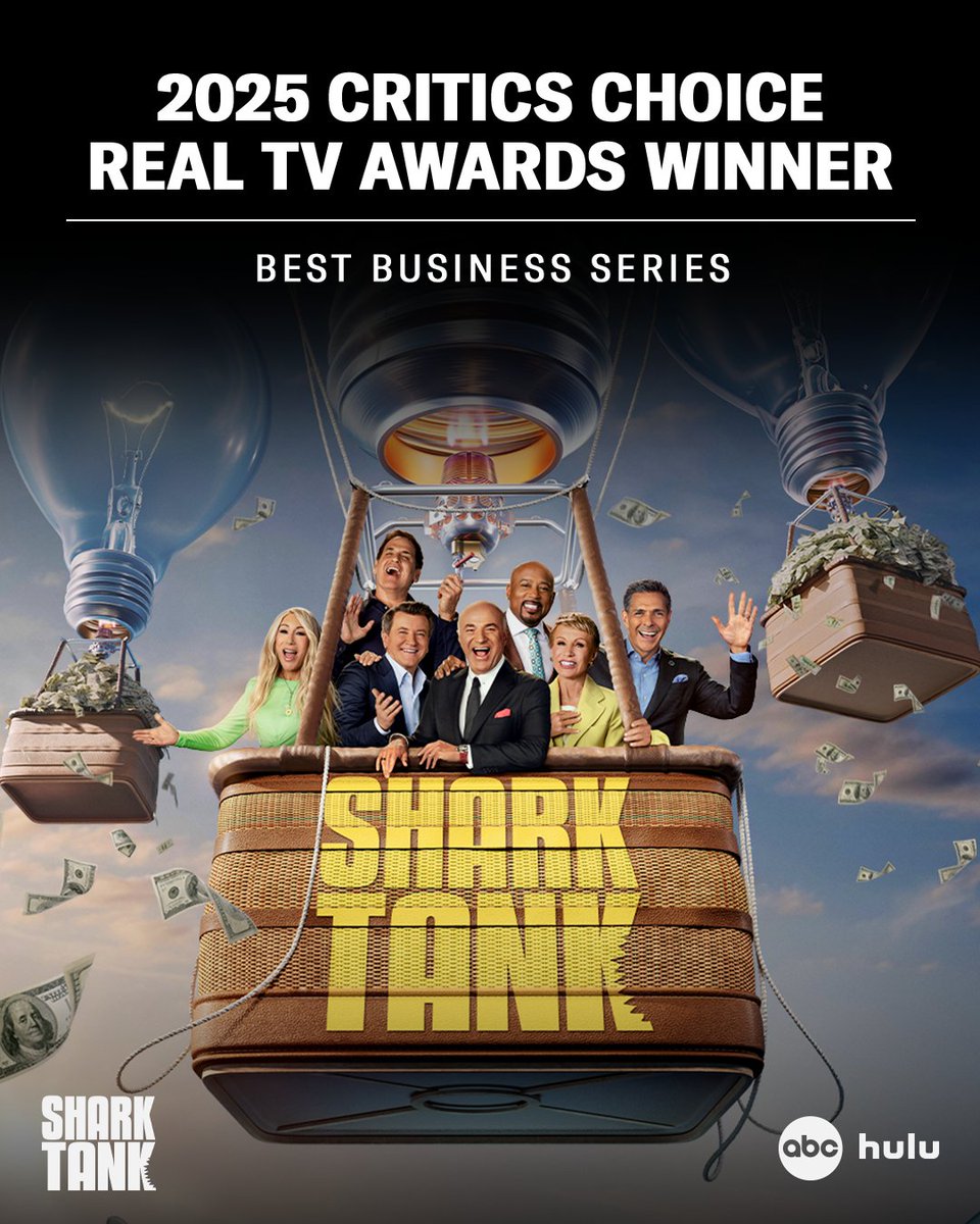 ABCSharkTank's tweet image. Big news! #SharkTank is the #CriticsChoice Real TV Awards WINNER for Best Business Series 💼🦈