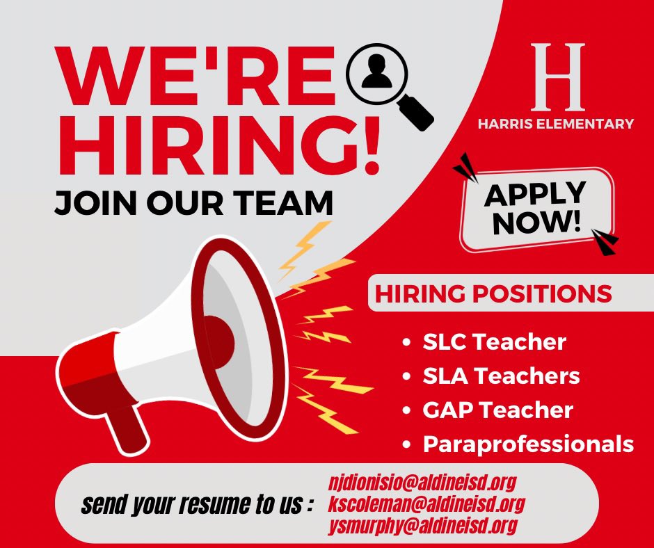 HarrisElem_Aisd (@harrises_aisd) on Twitter photo Calling all amazing educators 📢 We’re hiring! We're growing our team and would love to have you on board. Come make a difference with us! 🙌 #NowHiring
<a href="/norman_dionisio/">Norman Dionisio</a> <a href="/KCtheAP/">Mrs. K'Nara Coleman, M.Ed</a> Calling all amazing educators 📢 We’re hiring! We're growing our team and would love to have you on board. Come make a difference with us! 🙌 #NowHiring
<a href="/norman_dionisio/">Norman Dionisio</a> <a href="/KCtheAP/">Mrs. K'Nara Coleman, M.Ed</a>