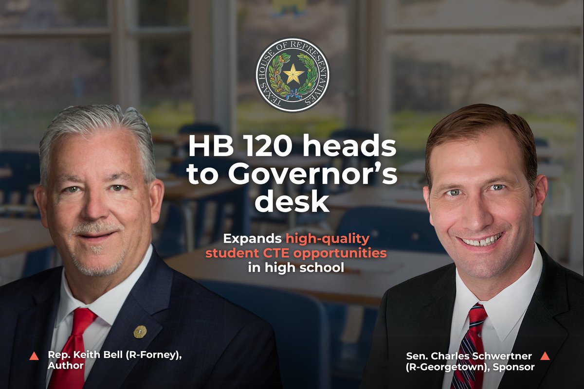 Texas 2036 (@texas2036) on Twitter photo 📢 JUST IN: The Texas House has concurred on HB 120, and it's now headed to the Governor's desk! #txlege
HB 120 expands high-quality student CTE opportunities in Texas high schools. #txed
Congrats to Rep. Keith Bell and Sen. <a href="/DrSchwertner/">Charles Schwertner</a> on this major win for Texas students. 📢 JUST IN: The Texas House has concurred on HB 120, and it's now headed to the Governor's desk! #txlege
HB 120 expands high-quality student CTE opportunities in Texas high schools. #txed
Congrats to Rep. Keith Bell and Sen. <a href="/DrSchwertner/">Charles Schwertner</a> on this major win for Texas students.
