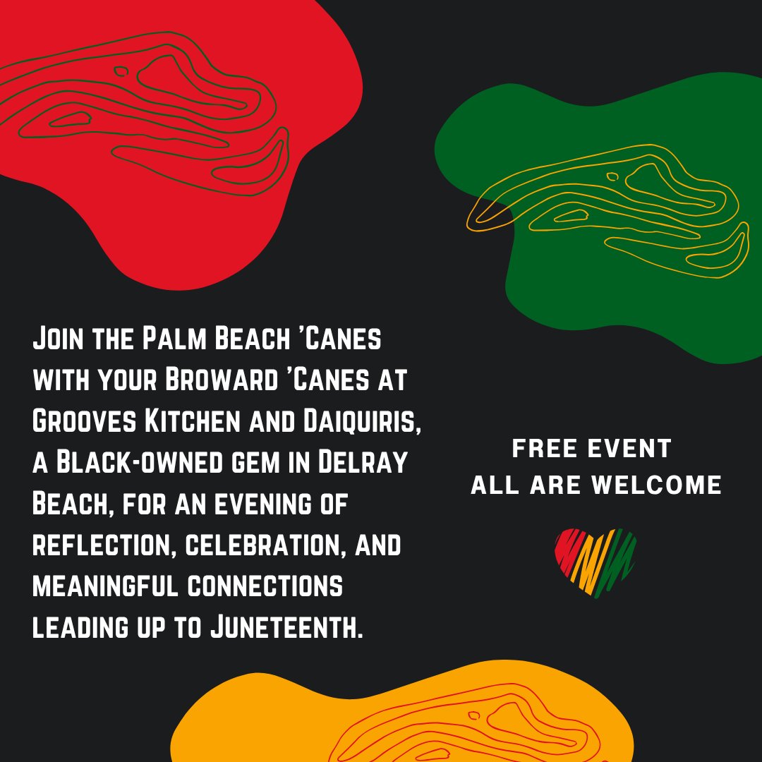 Join us for a groovy night of culture, connection, and celebration! 🪩 Celebrate Juneteenth with the Palm Beach &amp; Broward County 'Canes 💚🧡

<a href="/UMBlackAlumni/">UM BAS</a> 
<a href="/UM_alumni/">University of Miami Alumni Association</a> 

Link to register: linktr.ee/palmbeachcanes