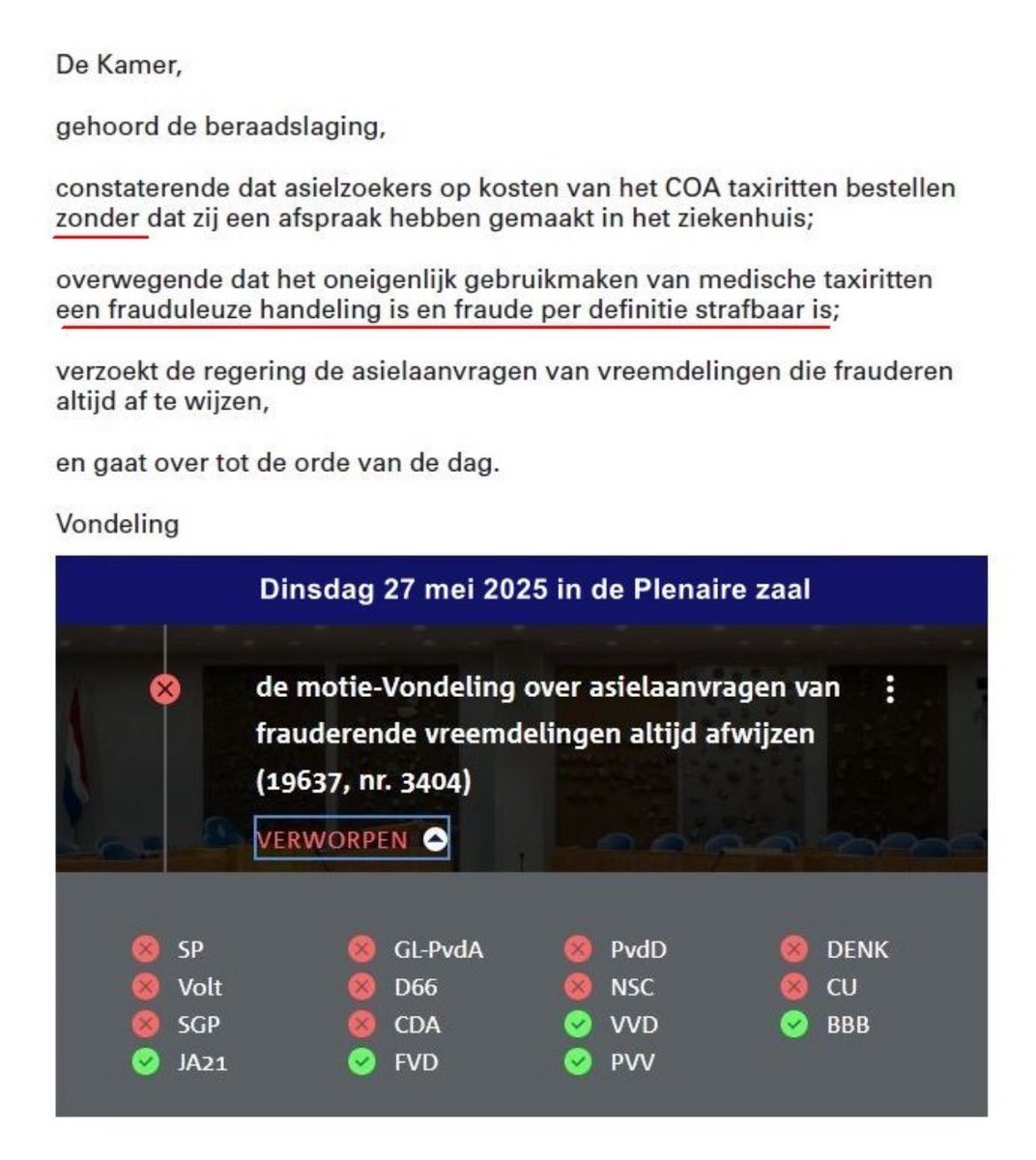 IngridC73's tweet photo. Opvallend dat een #Kamermeerderheid deze motie over #FrauderendeAsielzoekers gewoon verwerpt! Dit gedrag mag niet beloond worden! Schandalig eigenlijk, want juist #Fraude zou afgestraft moeten worden! Immers voor de Nederlander die #Fraude pleegt, volgen er ook #consequenties! https://t.co/HMje6yJItS