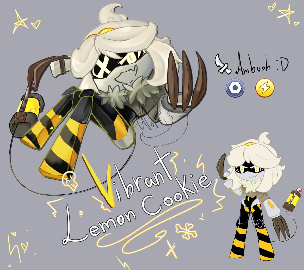 Here's V-- Oops, I meant Vibrant Lemon Cookie!

I didn't change much because I wanted to make it similar to the Guest Cookies in CRK-- But that's it, do you want another one in that style?

#MurderDrones #CookieRunKingdom #SerialDesignationV