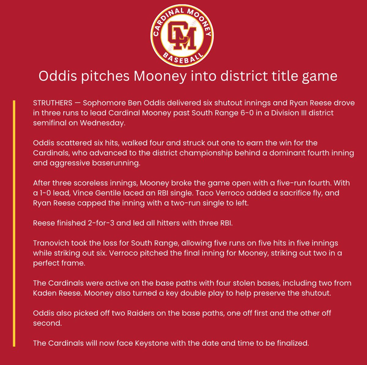 CMHS_athletics's tweet photo. Our @CMHS_Baseball_ team will now play for a district championship after a 6-0 win over South Range! Read all about it, #MooneyFamily https://t.co/YdaQU5zsKf