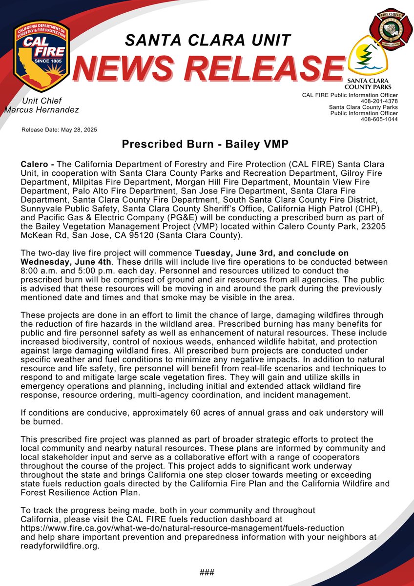 calfireSCU's tweet image. June 3-4, 2025 #CALFIRESCU in collaboration with @SCCParks will be conducting the Bailey Vegetation Management Project (VMP). The 2 day live fire project will take place in Calero County Park.
Be advised that smoke may be visible in the area.
See News Release below 👇 (1/2)