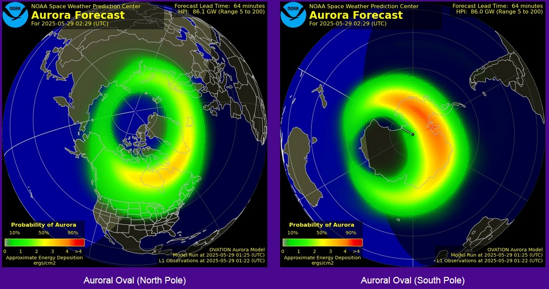 The  Bz component of the interplanetary magnetic field (IMF) shifted sharply  south (-20 nT) and the solar wind speed increased to above 600 km/s.. A  moderate (G2) geomagnetic storm is now in progress. Aurora sky watchers  should be alert once dark outside.