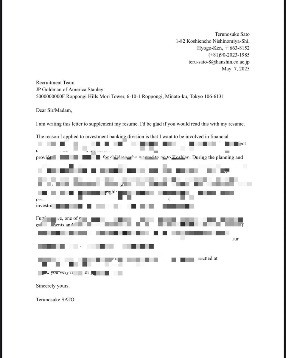 【✉️カバーレターって何？✉️】

⚠️フォロー＆RPで全員に配布します⚠️

JP、BofA、バークレイズなど外銀では「カバーレター」の提出が必須。
でも「何を書けばいいの？」「初めてで不安…」という人も多いはず。

そこで、書き方の参考資料を用意しました！

#27卒 #外銀就活 #カバーレター #就活準備