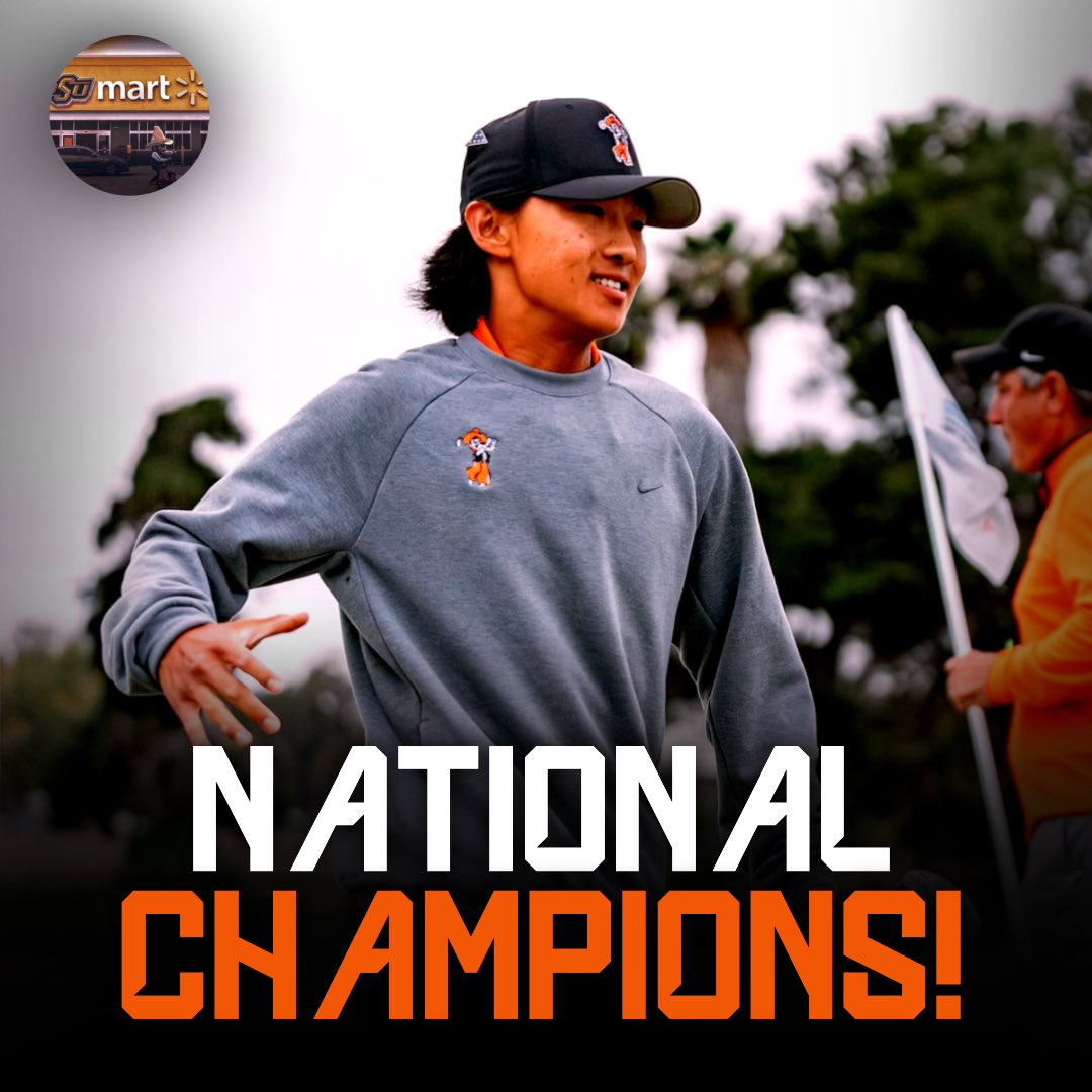 OKSTMart's tweet photo. OKLAHOMA STATE IS YOUR 2025 NCAA MENS GOLF — NATIONAL CHAMPIONS!! 🏆

The Pokes defeat Virginia &amp; secure its 12th title &amp; first since 2018! Congratulations Cowboys! https://t.co/pMUvWMMnBz