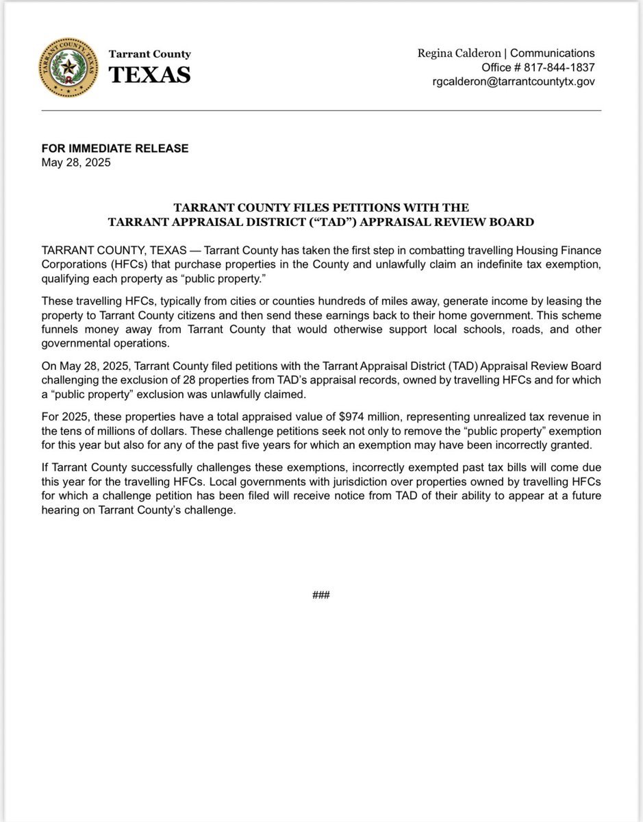 Proud to support our municipal partners and Tarrant County ISD's  who are forced to fund services and improvements for these out of town HFC's while they remove millions of dollars of private property value from the tax rolls. 

#txlege