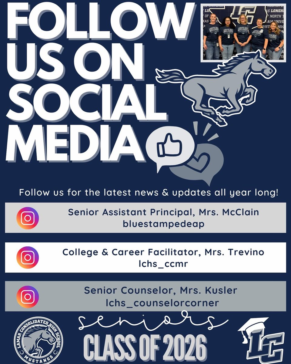 🎓✨ Hey Class of 2026! Get ready to stay connected and inspired! 🌟 Be sure to follow our amazing senior social media pages for all the latest updates, event info, and highlights. Let’s make unforgettable memories together! 🥳📸 #ClassOf2026 #StayConnected #SeniorSpirit