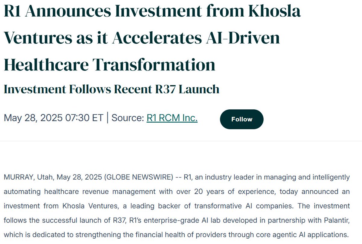 Ted Mabrey (@mabreyted) on Twitter photo Very cool to see one of the most visionary VC's in AI <a href="/khoslaventures/">Khosla Ventures</a>, first investor in OpenAI, Block, DoorDash, among many others, invest in one of our "mature" customers. We agree the sky is the limit for R1 and expect it to achieve a venture-scale outcome. The most valuable Very cool to see one of the most visionary VC's in AI <a href="/khoslaventures/">Khosla Ventures</a>, first investor in OpenAI, Block, DoorDash, among many others, invest in one of our "mature" customers. We agree the sky is the limit for R1 and expect it to achieve a venture-scale outcome. The most valuable