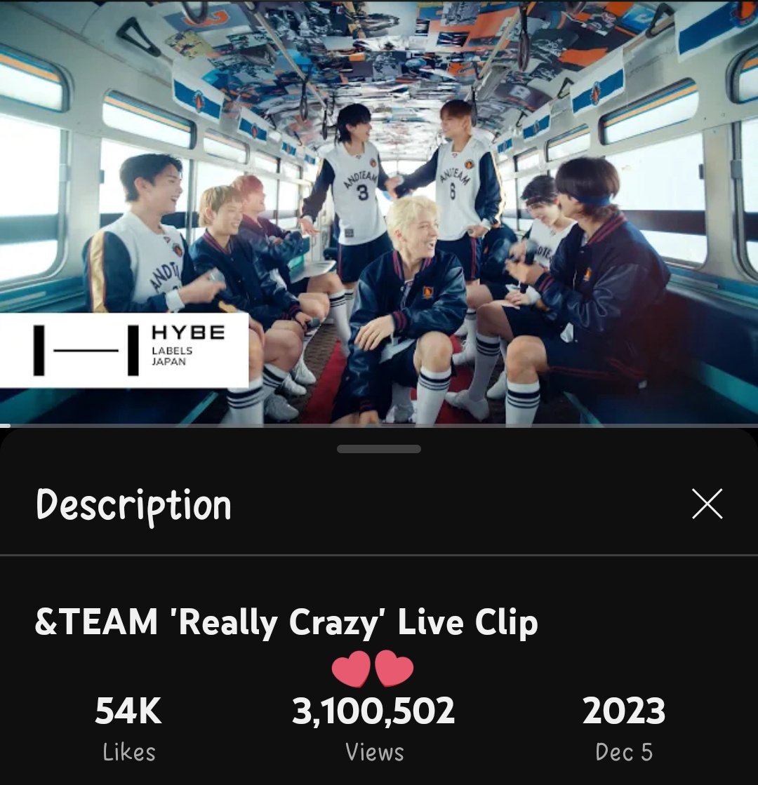 andteam_charts_'s tweet image. [INFO 05/29/25] &amp;lt;10:51AM JST&amp;gt;

&amp;amp;TEAM “Really Crazy” Live Clip has surpassed 3.1M views on YouTube.

🔗: youtu.be/9k4j8dGzp7E

#チンチャおかしい #andTEAM #FirstHowling_NOW