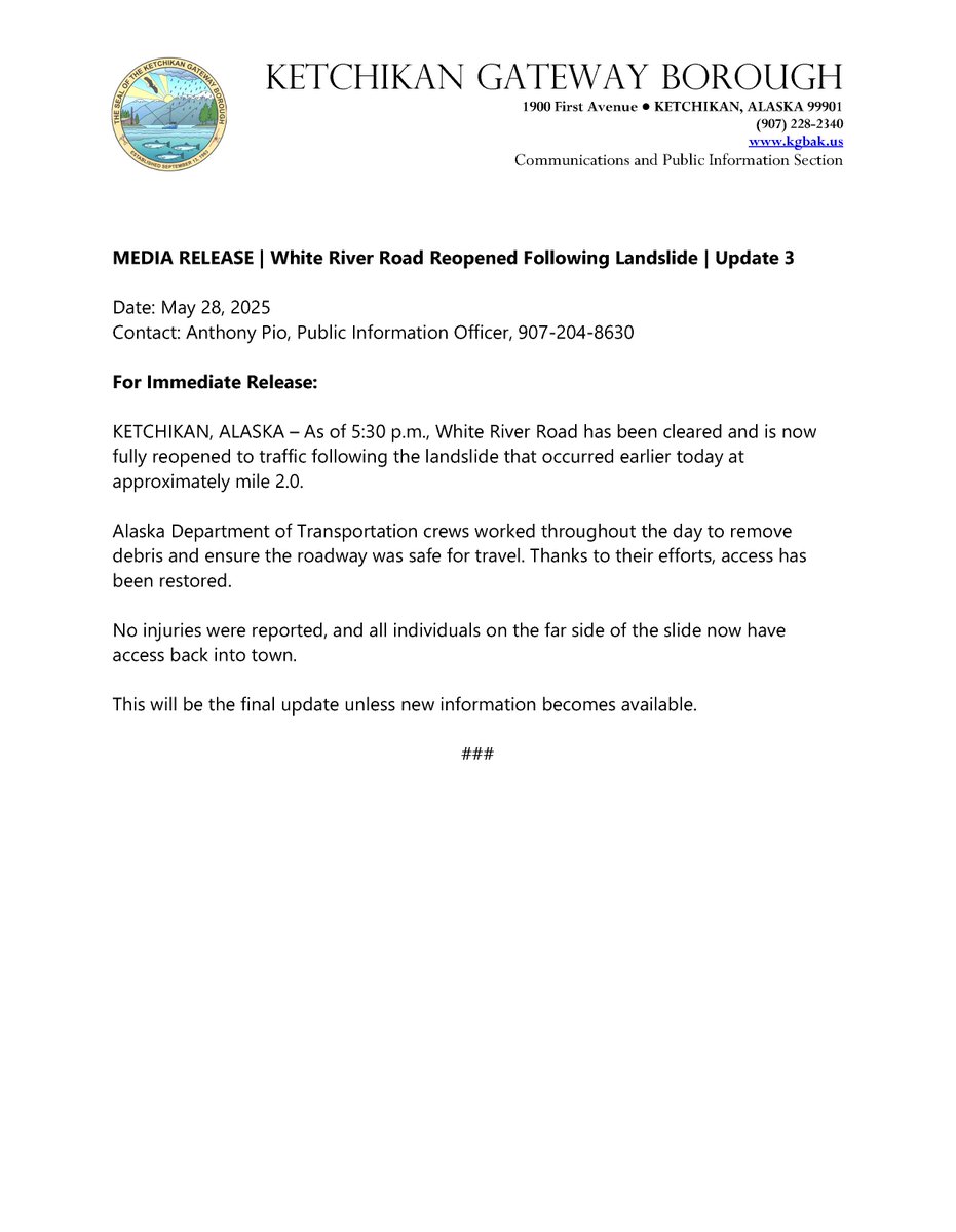 White River Road Reopened

As of 5:30 p.m., White River Road has been cleared and is now open to traffic following today’s landslide near mile 2.0. DOT crews worked quickly to remove debris and restore access.

Thank you to everyone for your patience during the response.