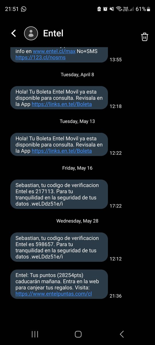 Seastiaan's tweet photo. @entel_ayuda hola, me llegó un mensaje de estafa desde el número que usan para enviar información real o validar datos, ojo porque mucha gente puede caer. https://t.co/0cTQtjhgH9
