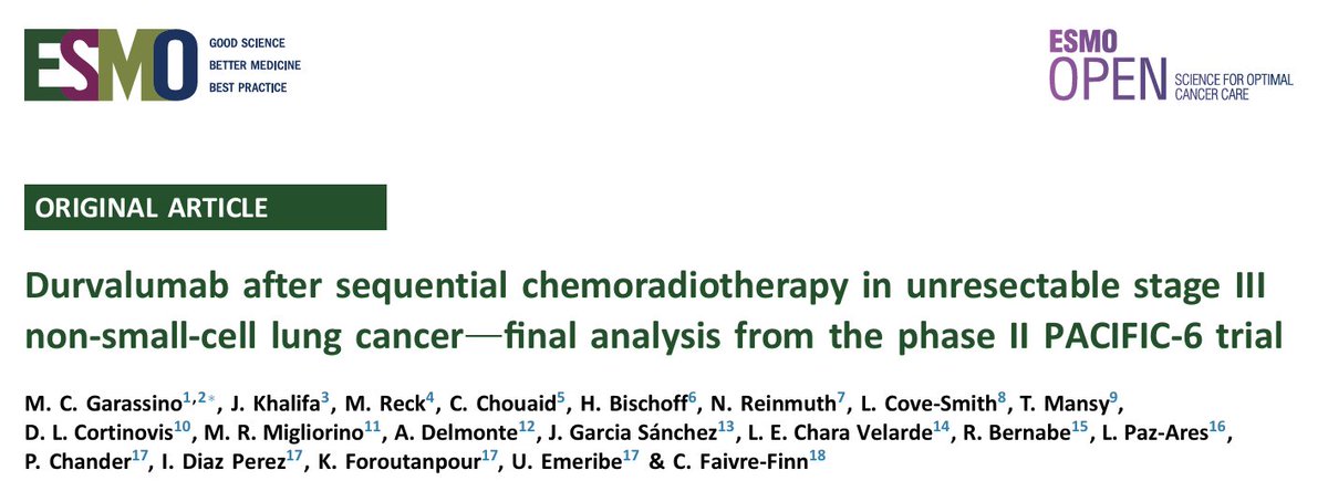 Stephen V Liu, MD (@stephenvliu) on Twitter photo PACIFIC-6 results from <a href="/marinagarassino/">Marina Garassino</a> now <a href="/ESMO_Open/">ESMO Open</a> - phase II study of durvalumab after sequential chemoradiation for stage III NSCLC. PFS 13.1m, OS 39m, and 27% had G3/4 related AEs. While concurrent is our standard, not all are candidates. <a href="/myESMO/">ESMO - Eur. Oncology</a>
esmoopen.com/article/S2059-… PACIFIC-6 results from <a href="/marinagarassino/">Marina Garassino</a> now <a href="/ESMO_Open/">ESMO Open</a> - phase II study of durvalumab after sequential chemoradiation for stage III NSCLC. PFS 13.1m, OS 39m, and 27% had G3/4 related AEs. While concurrent is our standard, not all are candidates. <a href="/myESMO/">ESMO - Eur. Oncology</a>
esmoopen.com/article/S2059-…