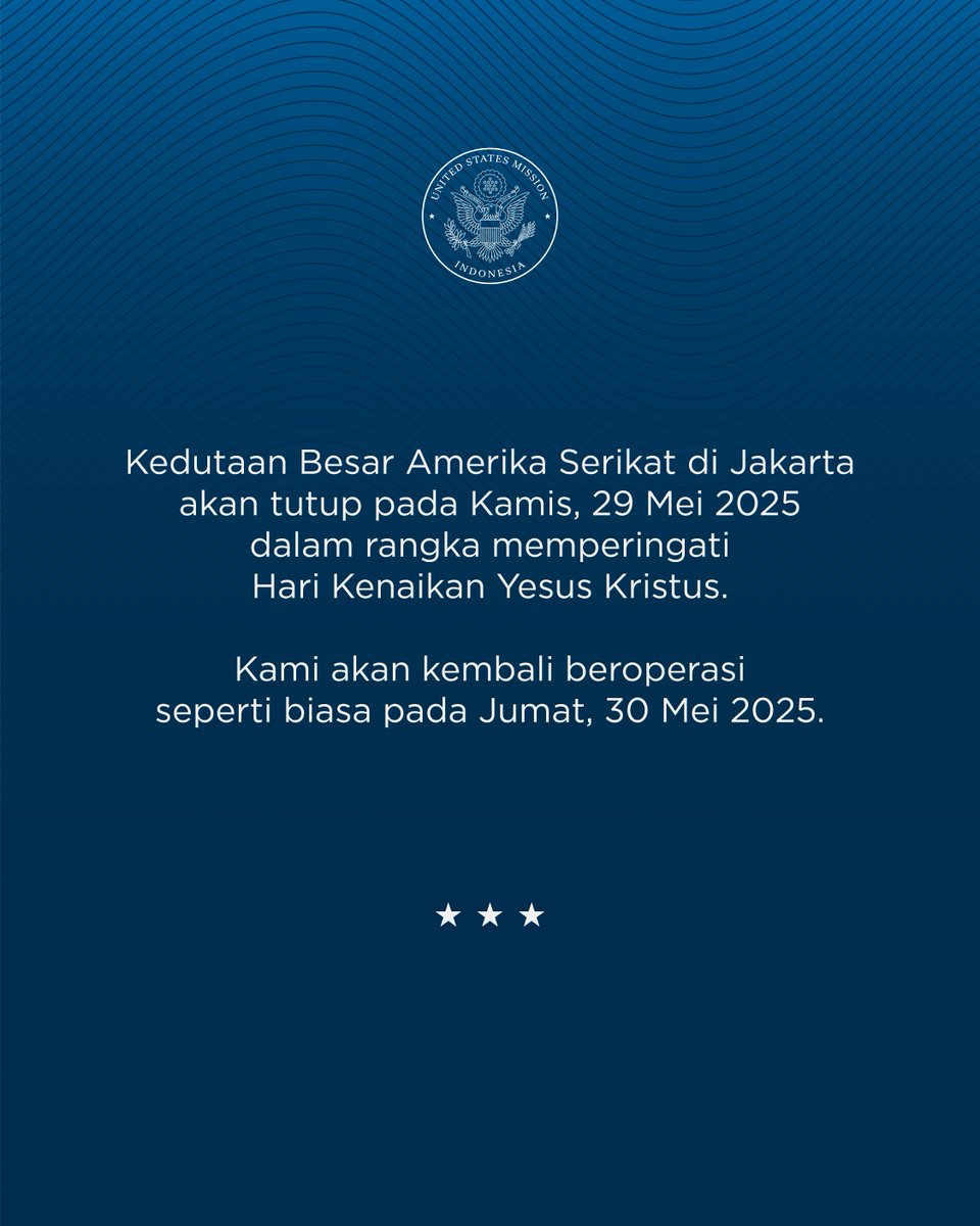 #KedubesAS akan tutup pada Kamis, 29 Mei 2025 dalam rangka memperingati Hari Kenaikan Yesus Kristus. Kami akan kembali beroperasi seperti biasa pada Jumat, 30 Mei 2025. #AscensionDay