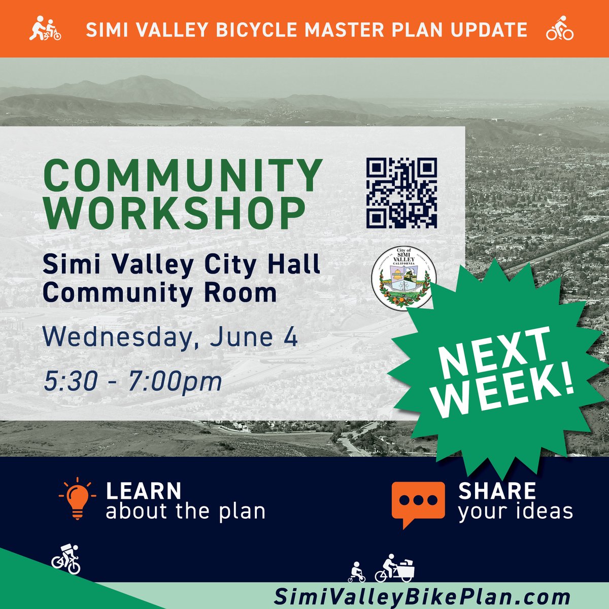 🚲 Join us at the Simi Valley Bicycle Master Plan Workshop on 6/4 from 5:30 to 7pm at Simi Valley City Hall.  Come review draft concepts, ask questions, and give feedback. Open to all ages - bikers, walkers and rollers! Can't attend? Take the survey! 🗺️ arcg.is/LXr94