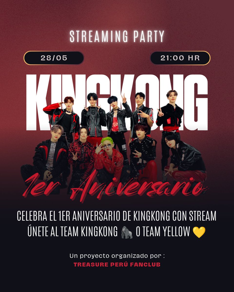 [🇵🇪]Streaming Party 🎶
Teu-hi !! 
Hoy celebramos el 1er aniversario de "KINGKONG" con stream 🦍🔥

🔗youtu.be/RiLdxgHYzU8
🔗open.spotify.com/track/0gZenxCA…

#1YEARWITHKINGKONG
#TREASURE #트레저 #トレジャー <a href="/treasuremembers/">TREASURE</a>