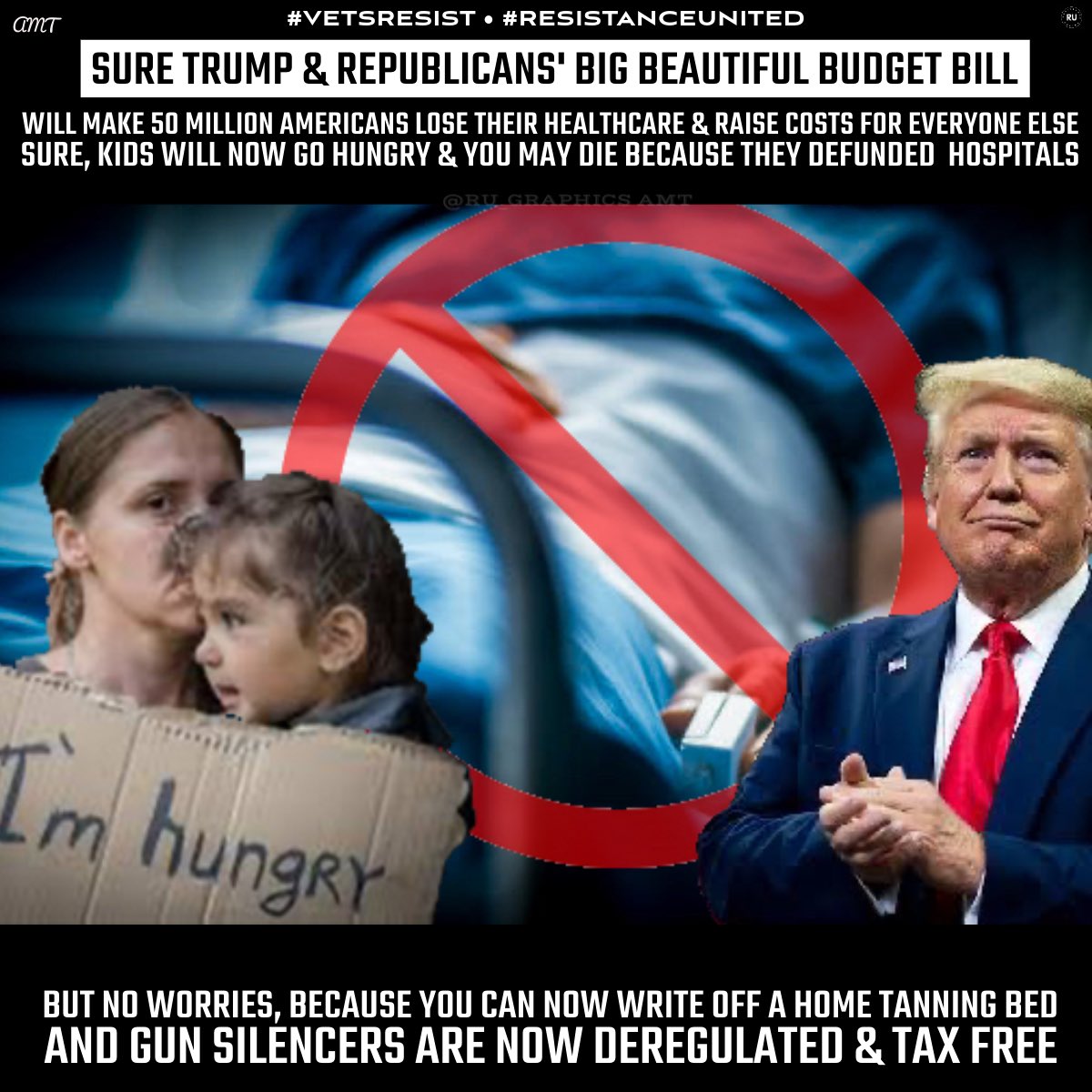 #ResistanceUnited
Trumpublicans Big Beautiful Bill (read Cruel Ugly Hateful Bill) causes 50 million Americans to lose healthcare, defunded hospitals who depend on Medicaid payments to stay open. Rural hospitals will close leaving people without care they need urgently.