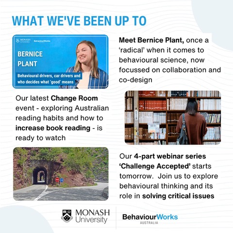 What have we been up to this month? 

- Meet Bernice Plant (one-time "radical behaviouralist")
- Our latest 'Change Room' is ready to watch
- Our 'Challenge Accepted' Webinars are here
- Can you spot misinformation?

Keep up with BehaviourWorks Australia’s news and updates — read