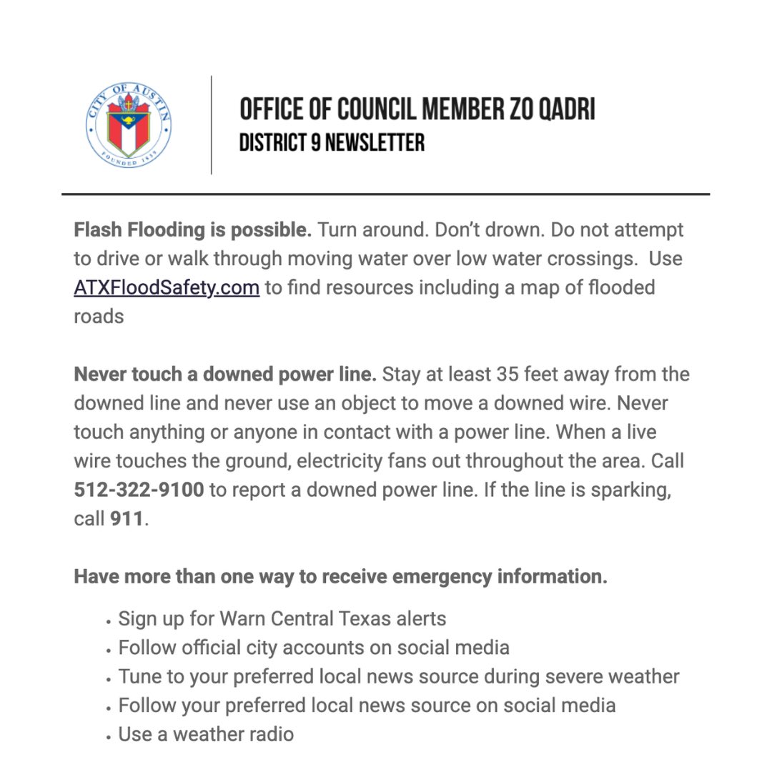 Austin, tonight’s storm hit hard––downed trees, flooding, and 60K+ power outages.

Check on neighbors, stay safe, and report any issues you see––we’re working with City teams to respond.

For realtime information––share &amp; subscribe to our newsletter: bit.ly/zod9newsletter
