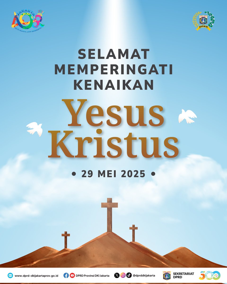 Segenap Pimpinan dan Anggota DPRD Provinsi DKI Jakarta mengucapkan Selamat memperingati Kenaikan Yesus Kristus. 

Jadikan momentum ini, untuk kita menyebar damai, menumbuhkan harapan dan menghidupi kasih dalam keseharian.