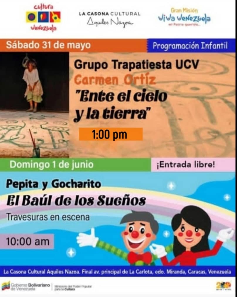 Ven y disfruta de las actividades de este fin de semana que la Casona Cultural Aquiles Nazoa, tiene preparada para toda la familia.

🎁Entrada Libre!
🕓10:00 am

<a href="/curiosoteatro/">Curiosidades del Teatro Studio</a>
@lacasonaculturalve

#concierto 
#espectaculo 
#infantil