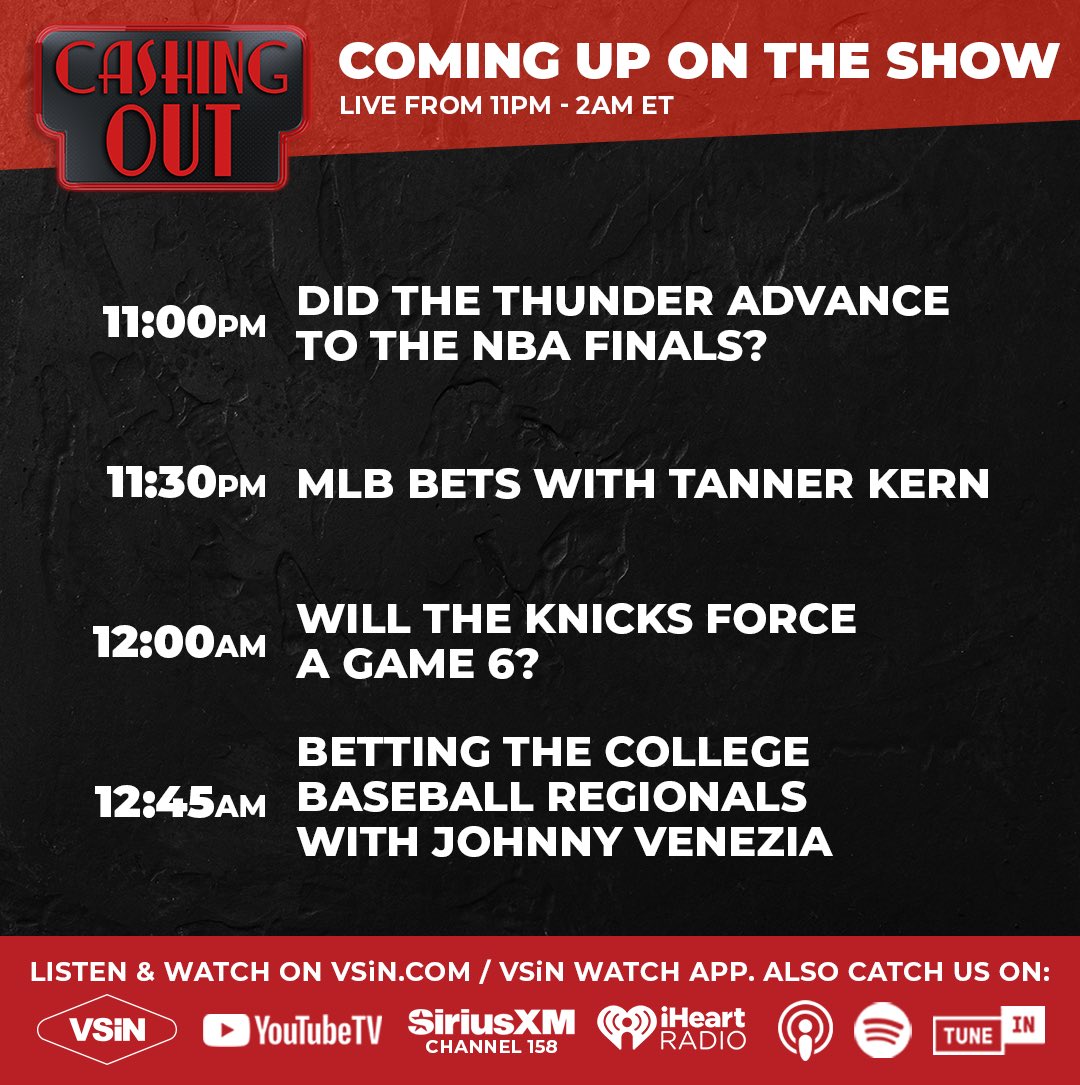 I’m in on Cashing Out on <a href="/VSiNLive/">VSiN</a> from 11 PM to 2 AM Eastern, looking at the Thursday’s #MLB card &amp; the #NBA &amp; #NHLPlayoffs as <a href="/RobDFB/">Rob Donaldson</a>, <a href="/_JohnnyVTV/">Johnny Venezia</a>, <a href="/WesReynolds1/">Wes Reynolds</a>, and <a href="/tannerkern_/">TANNER KERN</a> joins me! VSIN.com/listen